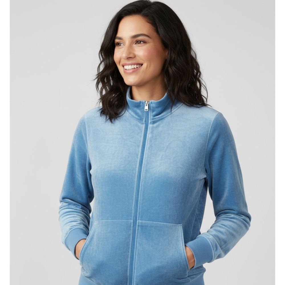 Perry Ellis Velour Track Jacket Womens‎ Lg Blue Full Zip Mock Neck Pockets Y2K